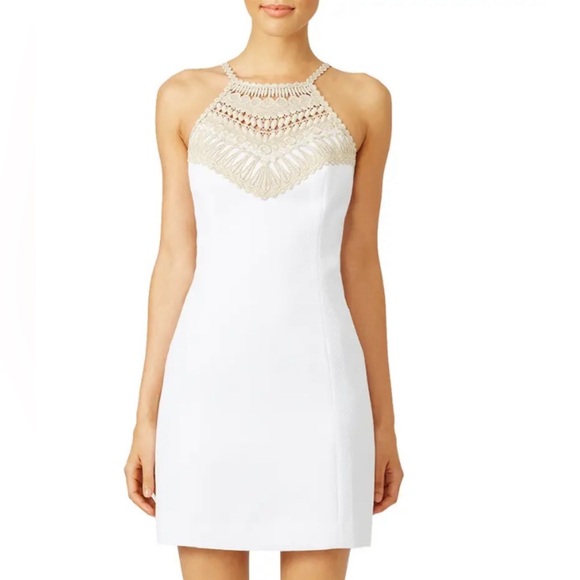 Lilly Pulitzer Pearl Soft Shift Dress Resort White Gold Embroidery Size 6 NWT